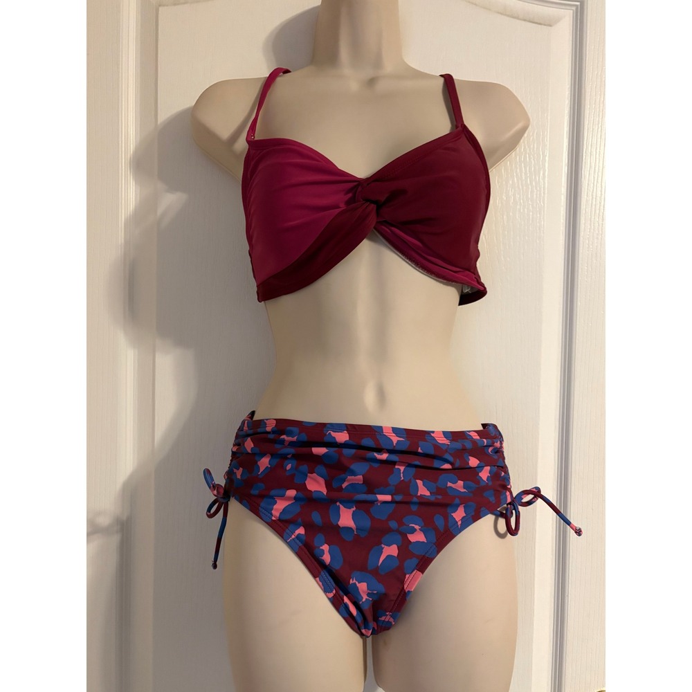 Aqua Couture Womens Bikini Set Small Burgundy Twist Top Leopard Print Bottoms